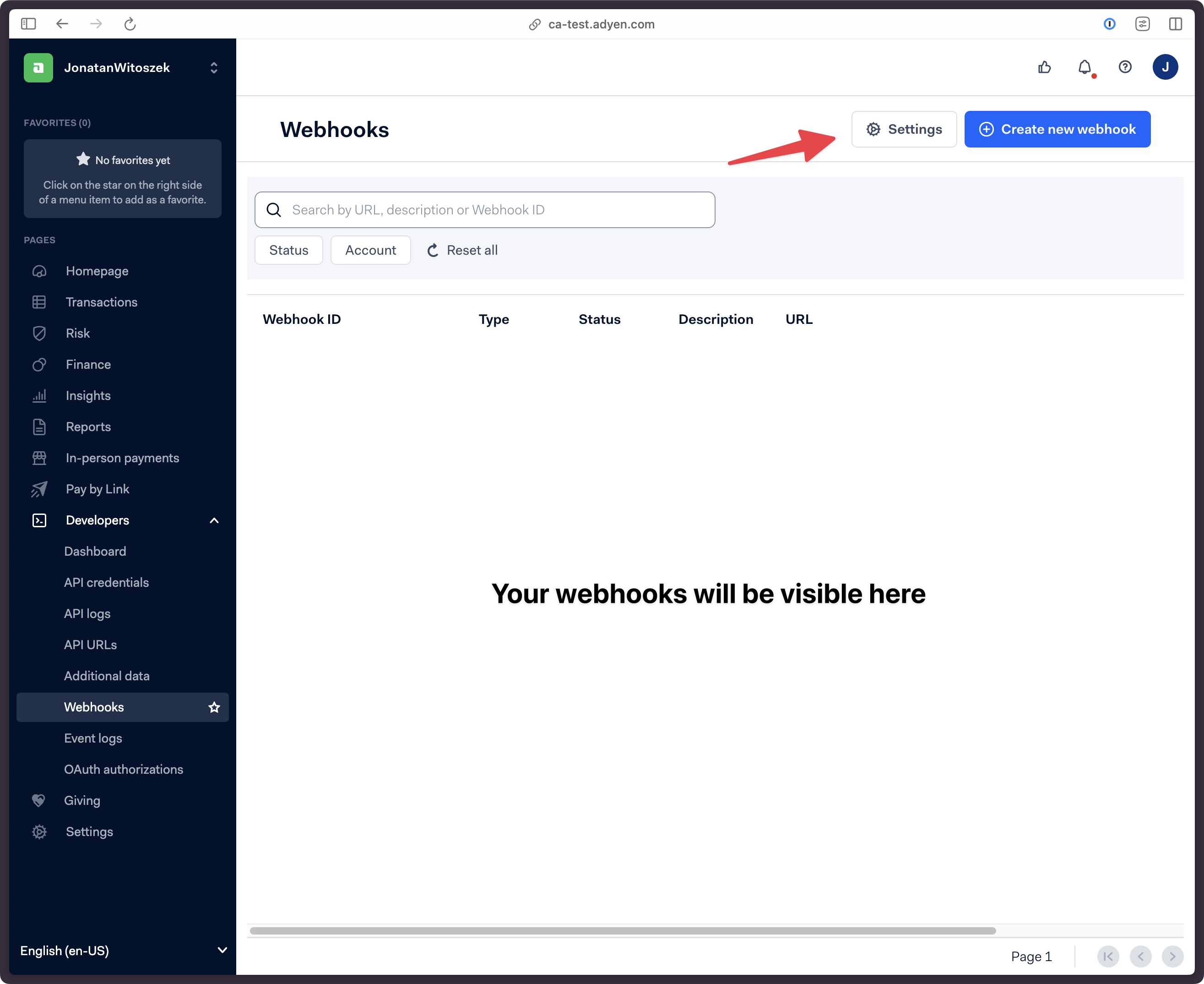 Adyen dashboard webhooks page, where &quot;Settings&quot; button is located